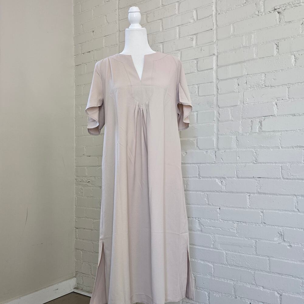 Wenrine Neutral Beige Short Sleeve Pleated Midi Dress┃Quiet Luxury Clean Girl